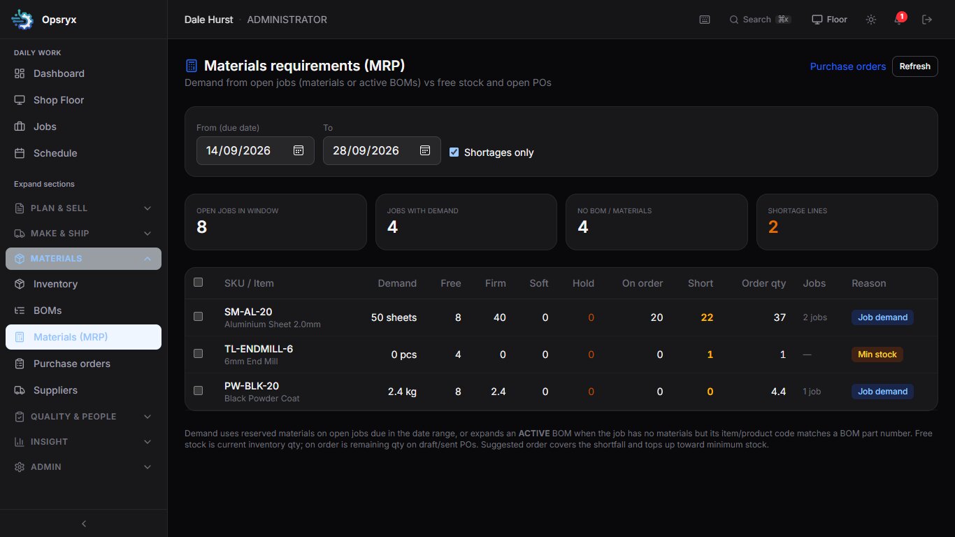 Opsryx materials requirements screen