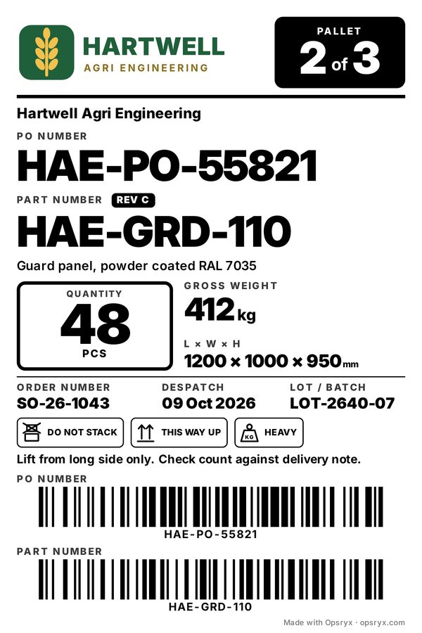 A 4×6 inch pallet label with customer logo, pallet 2 of 3, PO and part numbers, quantity 48, gross weight 412 kg, handling icons and two Code 128 barcodes