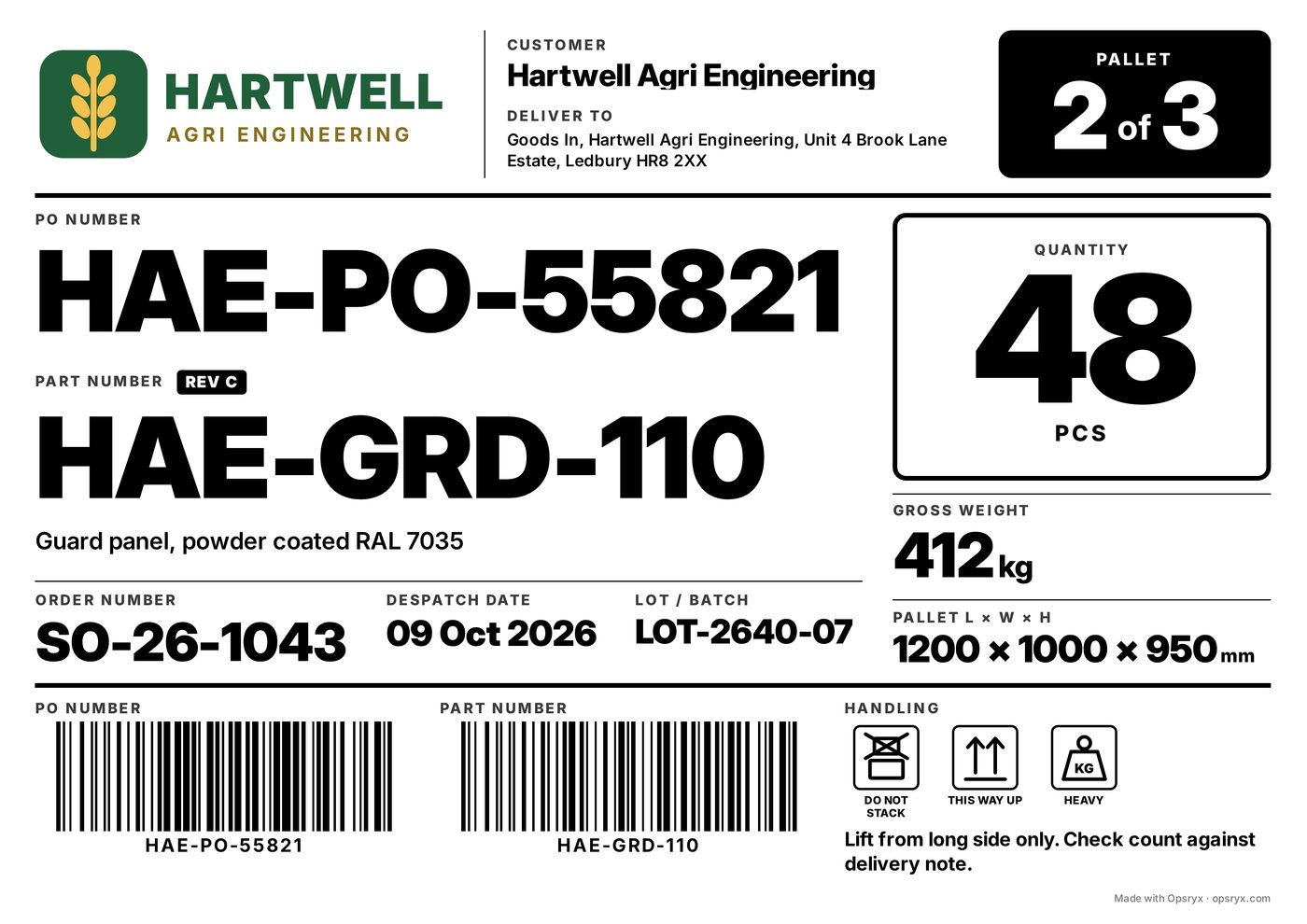 A printed A4 pallet sheet: customer logo, PO number HAE-PO-55821, part number HAE-GRD-110, quantity 48, gross weight 412 kg, pallet 2 of 3, despatch date, lot number and Code 128 barcodes