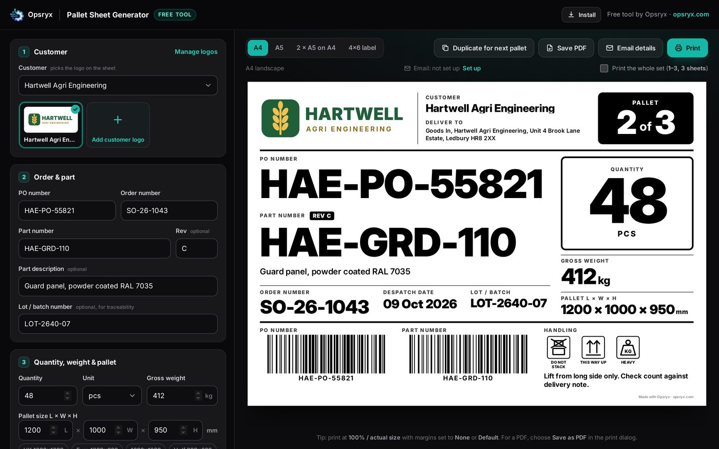 The pallet sheet generator app: the form on the left with the customer logo picker, PO, order and part fields, and a live A4 pallet sheet preview on the right with Print and Save PDF buttons